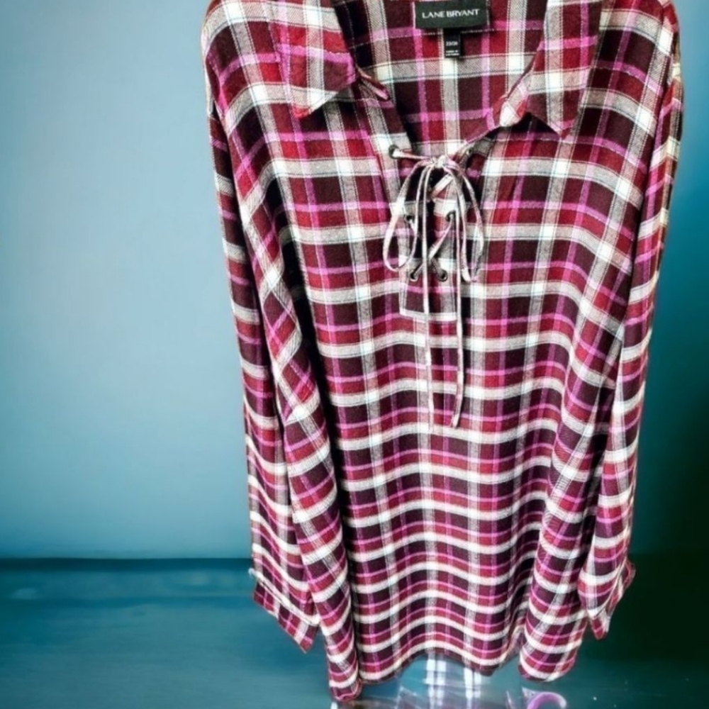 LANE BRYANT Plus Size Long sleeve Shimmery Plaid Top With Tie Front Closure.